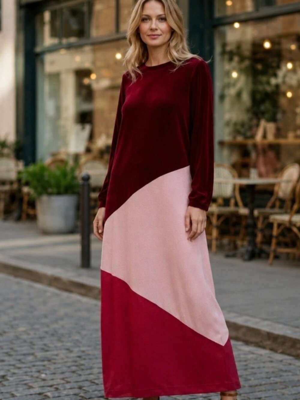 New Tuckernuck Dress Womens XL Red Colorblock Silk Velvet Long Sleeve Party Maxi